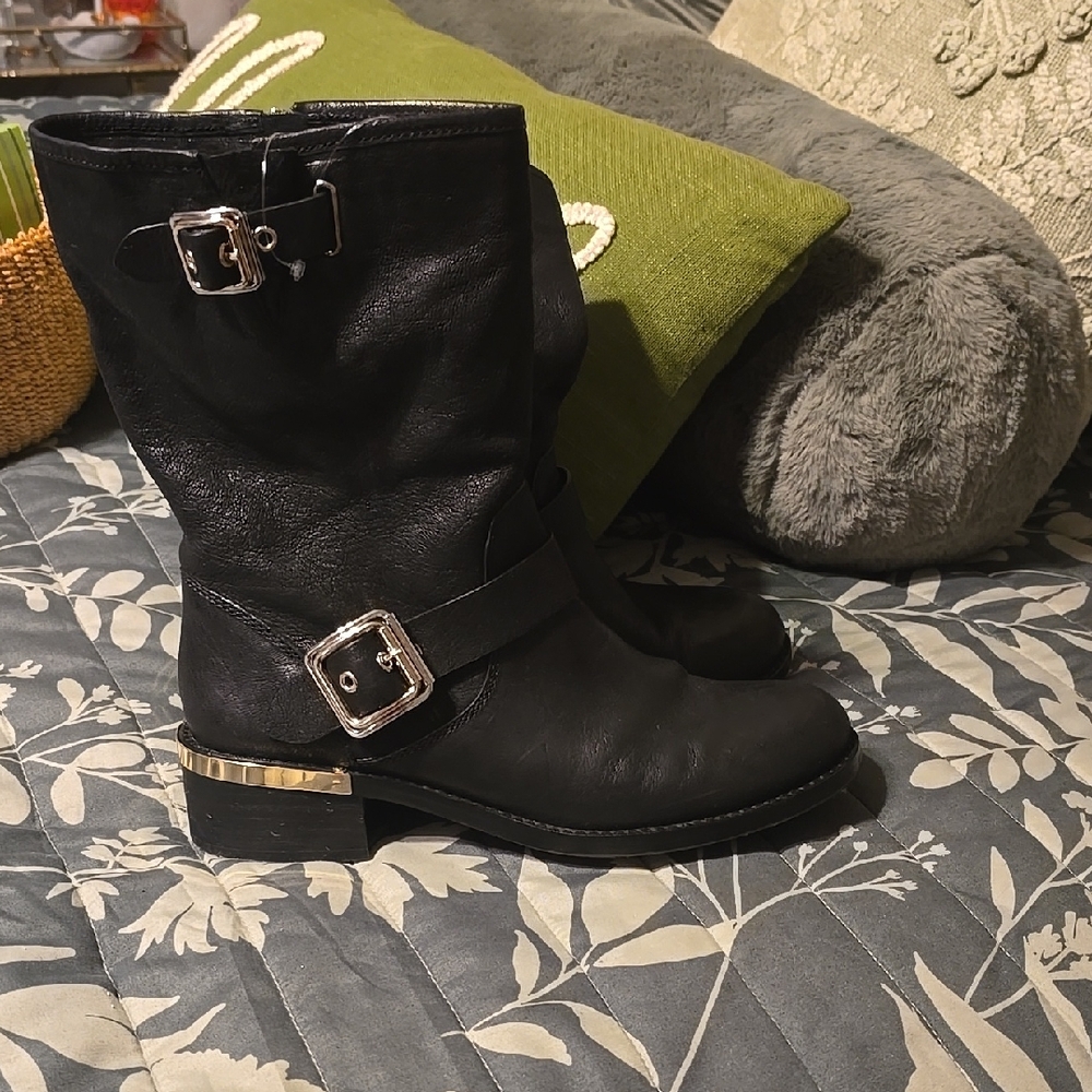 Vince Camuto Windy Black Leather Buckle Boots